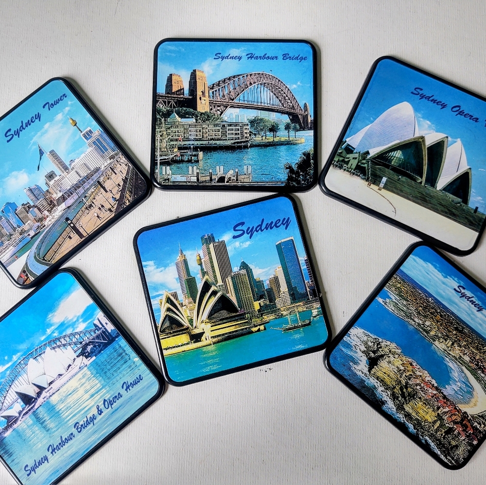 VTG Australia Sydney coaster set retro barware art